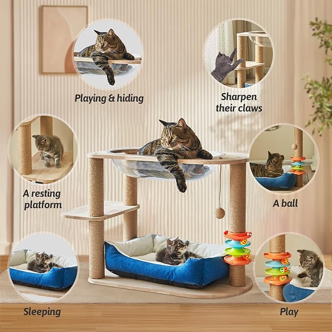 2 Tier Cat Tower,21.85 in cat Perch Wood cat condo with Hammock and Sisal Rope Scratcher Post Hanging Toy Balls for Indoor Large Cats Kittens (Blue)