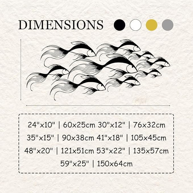School of Fish Metal Wall Art, Metal Fish Wall Decor, Sea Life Wall Art, Large Nautical Wall Hanging, Modern Beach House Wall Decor, Ocean Themed Artwork for Bathroom (Silver, 35"x15" | 90x38cm)