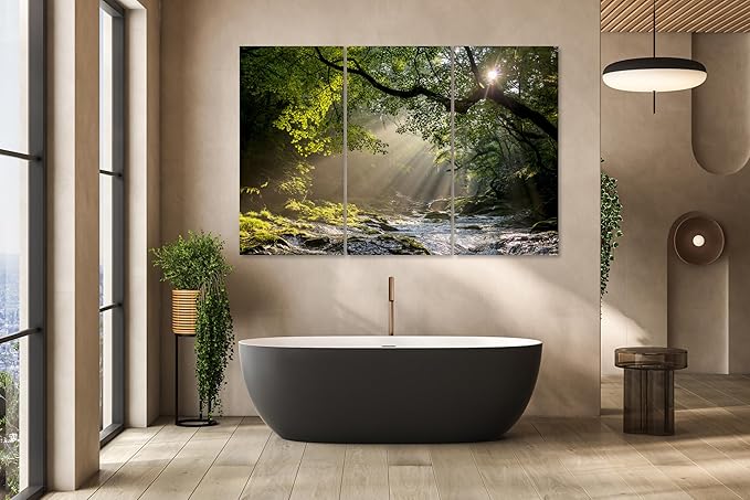 Nature Wall Art Prints - Ocean Forest Mountain Lake Canvas Landscapes - Small to Extra Large Living Room Bedroom Kitchen Bathroom Décor (Rocky River in the Woods, 31L" x 47W" - 3 Panels)
