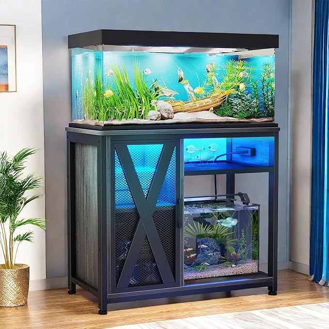 YITAHOME Fish Tank Stand with Power Outlets & LED Light, 40-50 Gallon Metal Aquarium Stand with Cabinet for Fish Tank Accessories Storage for Turtle Tank, Reptile Terrarium, 660LBS Capacity, Grey