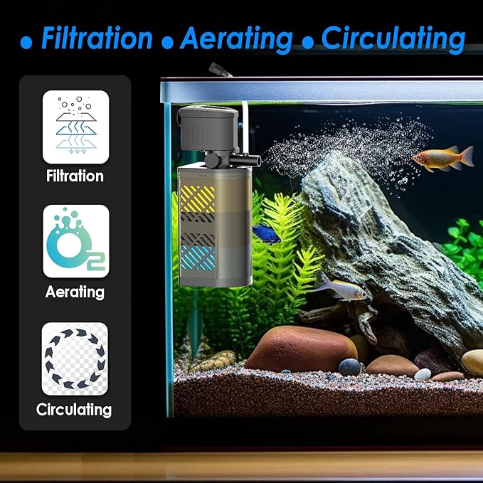 Submersible Aquarium Filter 3-Stage Fish Filter for Fish Tank, Turtle Filter Fish Tank Filter with Aeration & Dual Water Outlet, Turtle Tank Filter Pump for 40-70 GAL Aquariums