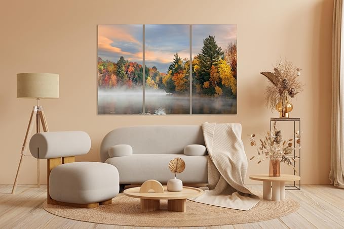 Nature Wall Art Prints - Ocean Forest Mountain Lake Canvas Landscapes - Small to Extra Large Living Room Bedroom Kitchen Bathroom Décor (Misty Fall Reflection, 39L" x 59W" - 3 Panels)