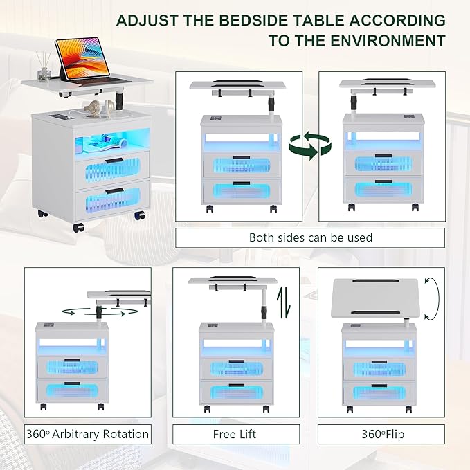 HNEBC Nightstand with Wireless Charging Station, LED Nightstand Has Adjustable Rotary Workstation,Smart Night Stand with 2 Drawers,Modern Bedside Table for Bedroom, Sensor Light/Wheel (White)