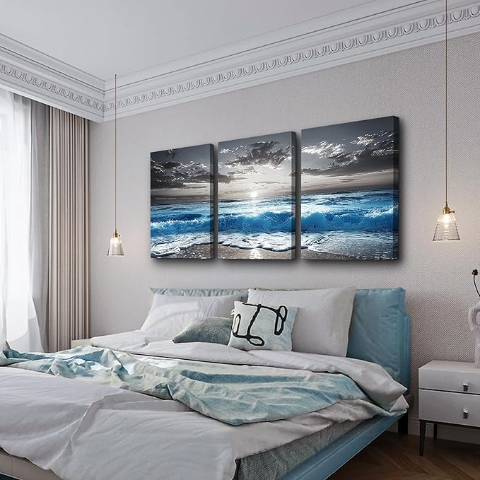 TTHYUEWS Beach Wall Art For Living Room Canvas Wall Decor For Bedroom Office Decorations Blue Sea Wave Paintings Black And White Wall Pictures Artworks Bathroom Canvas Art Modern Home Decor 3 Piece