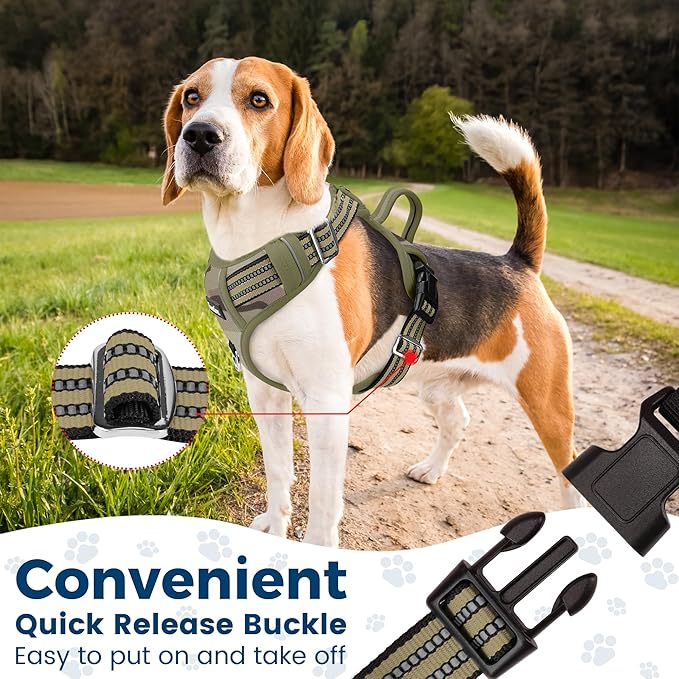 Funfox Dog Harness No Pull, Adjustable Pet Vest Harness, Super Soft Material with Vertical Handle Easy Control, Reflective Night Walking, 2 Leash Clips for Small Sized Dogs, Camo Green, S