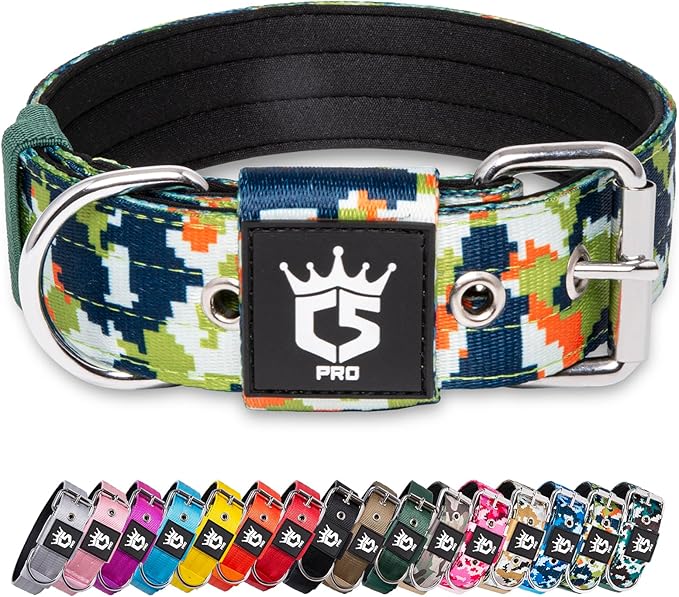 TSPRO Tactical Dog Collar, 1.5 inch Wide, Camo Green, Polyester, Heavy Duty Metal Buckle, Size S