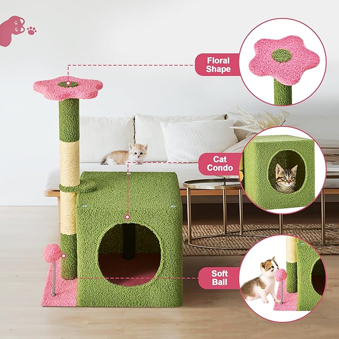 24 Inch Cat Tree Condo for Indoor Cats with Floral Sisal Scratching Post, Plush Hang Ball Play Furniture for Kittens Cats, Pink