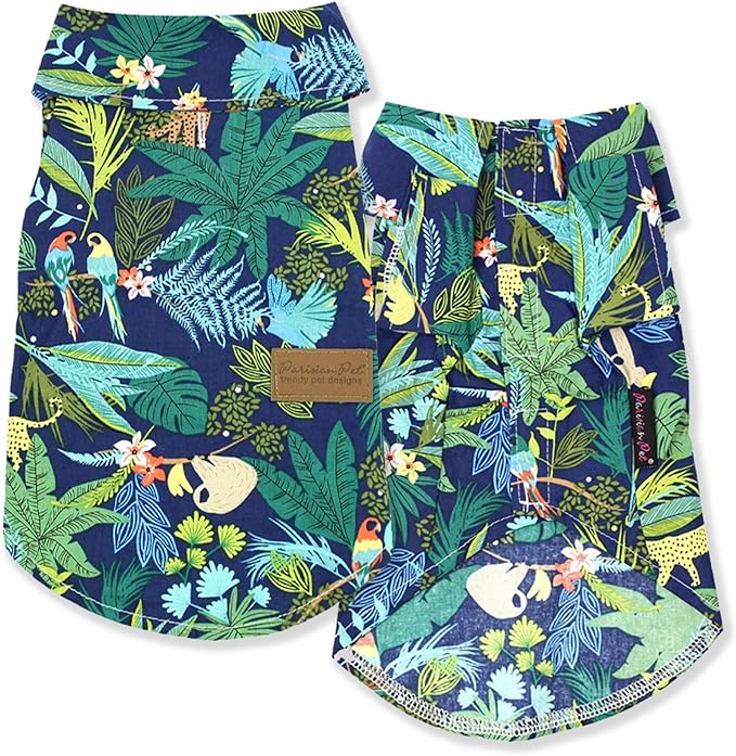 Parisian Pet Unisex Amazonia Shirt - Leafy Beach Outfit for Dogs - Cotton Summer Clothes - Stylish Hook and Loop Closure Costume - Machine Washable Shirts for Large Dogs - L