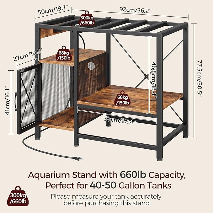 40-50 Gallon Fish Tank Stand, Aquarium Stand with Power Outlet and Storage Cabinet, Heavy Duty Tank Stand Suitable for Turtle Tank, Reptile Terrarium, for Home Office, Rustic Brown FTHR50E01