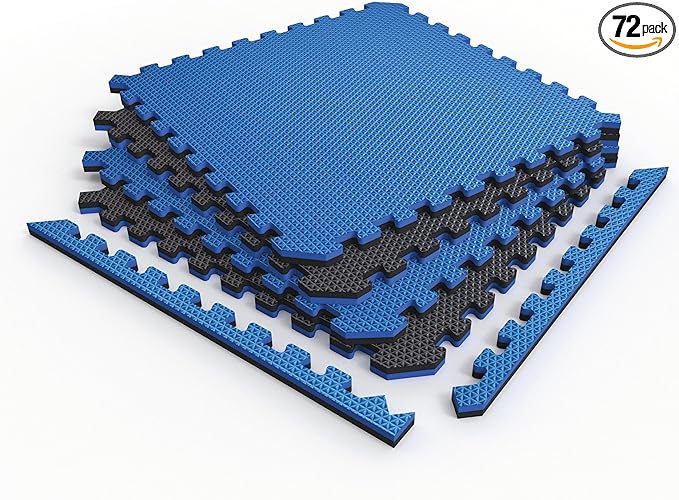 Norsk Reversible Gym Exercise Mats 3/4" Thick EVA Interlocking Foam Tiles, Perfect Home Gym Flooring, 24 Tiles & 48 Trim Pieces, 96 Sq. Ft. Reversible, Dazzling Blue/Black