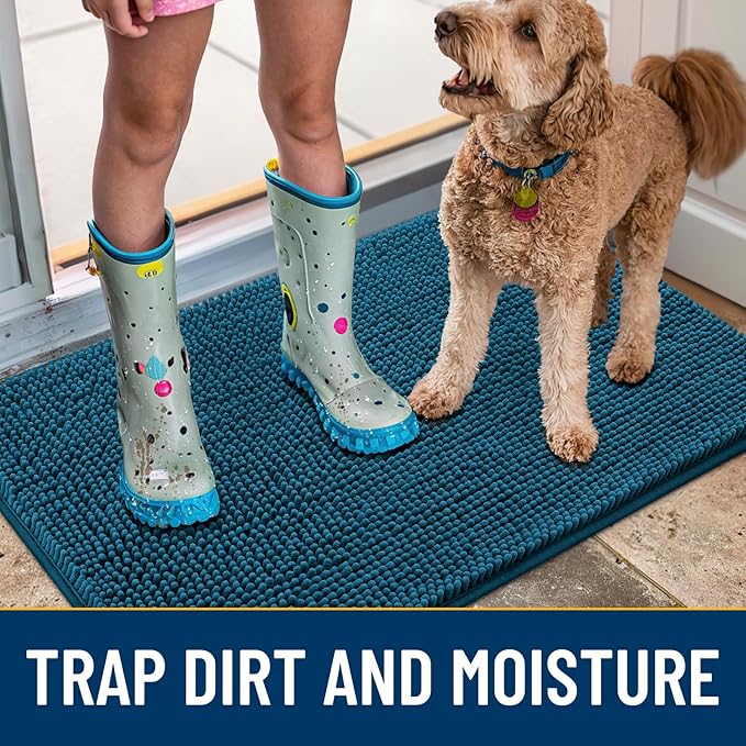 Smiry Dog Door Mat for Muddy Paws 24x16, Absorbs Moisture and Dirt Doormat, Non-Slip Washable Quick Dry Chenille Front Door Mat Indoor Entrance, Entryway Carpet for Inside Floor, Atlantic Blue