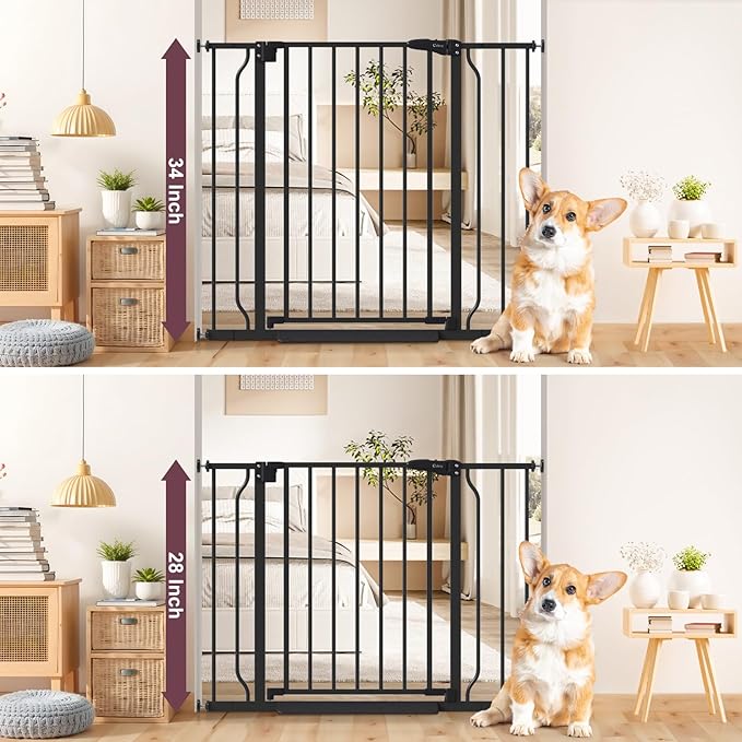 34" Extra Tall Baby Gate for Stairs, Auto Close Stroller Friendly Dog Gate Indoor for Doorways, Pressure Mounted 29"-40" W Baby Gate, Easy Walk Through Gate for Children & Pets, Black