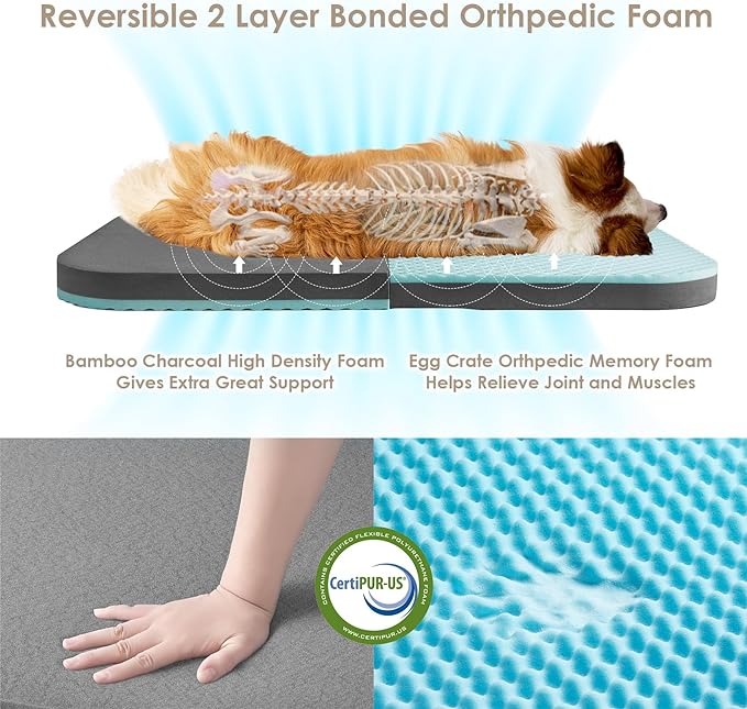 EHEYCIGA Foldable XL Dog Bed, Faux Fur Fluffy Pet Couch Bed for Large Dogs, Orthopedic Calming Memory Foam Big Pet Bed, Washable Soft Pet Sofa Bed with Non-Slip Bottom, Dark Grey, 46"x34"x6.5"