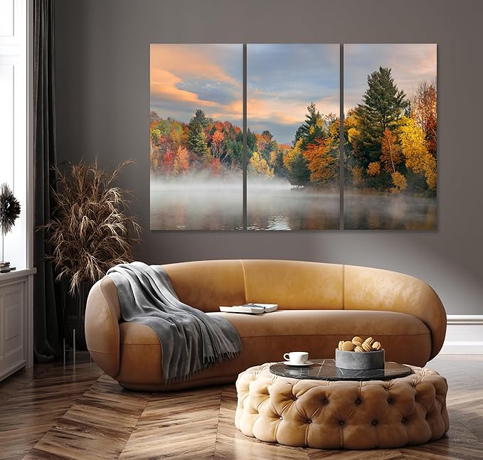 Nature Wall Art Prints - Ocean Forest Mountain Lake Canvas Landscapes - Small to Extra Large Living Room Bedroom Kitchen Bathroom Décor (Misty Fall Reflection, 35L" x 53W" - 3 Panels)
