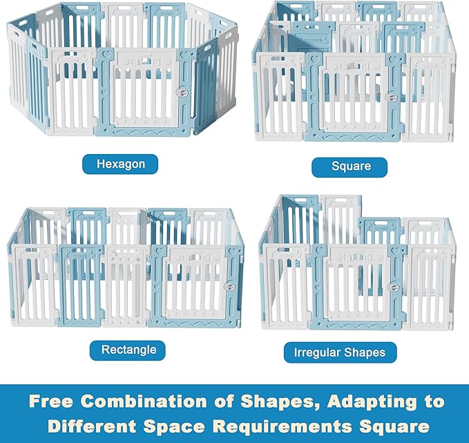 2 Room Dog Playpen with Door,DIY Shape Combination Puppy Pen,16-Panel+2 Link Piece+Large Door+Small Door,25.5" H Dog Fence,Non-Slip&Secure Pet Gate,Easy to Assemble,Blue+White