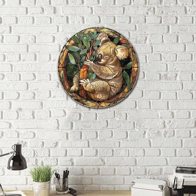 Lygond Metal Sign Tin Sign Circular Stained Glass Koala Kitty Decor for Garden 8×8 Inches