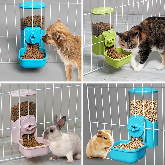VANNON Small Animal Hanging Automatic Food Dispenser, 35oz Gravity Pet Feeder for Cage, Food Bowl for Rabbit Puppy Cat Ferret Guinea Pig Chinchilla Parrot (Pink)