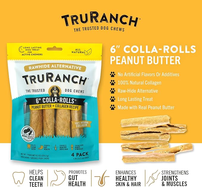 Collagen Rolls - 6" Collagen Rolls for Dogs - Long Lasting Healthy Joint Support - Rawhide Alternative - Skin & Coat Health - Made with Real Peanut Butter, Value Pack, 3 Bags, 12 Count