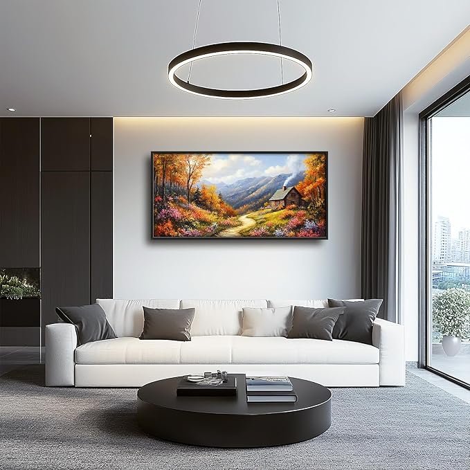 Framed Large Autumn Mountain Wall Art for Living Room, Oversized Wildflower Tree Wall Decor Nature Landscape Canvas Painting Modern Artwork Home Decoration for Living Room Bedroom 60"x30"