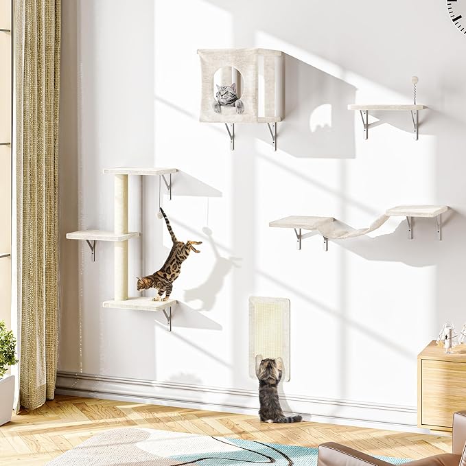 NUNU LAB Wall Mounted Cat Furniture, 5 Pcs Cat Wall Shelves with House, Bridge, Steps, Scratching Post, Shelves, Indoor Safe & Stable Furniture for Kittens Play, Beige