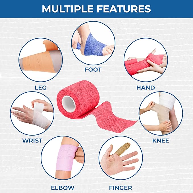 Self Adhesive Bandage Wrap - Pack of 24, Assorted Colors, Non-Woven, Breathable & Water-Resistant Vet Wrap for First Aid, Sports Injury, Body Sprains, & Pets - 2 Inch x 5 Yards