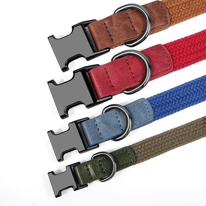 PET ARTIST Soft Cotton Dog Collars for Medium Dogs in Stylish Green, Simple Dog Collar with Quick Release Metal Buckle & D Ring, M Size (13-21")