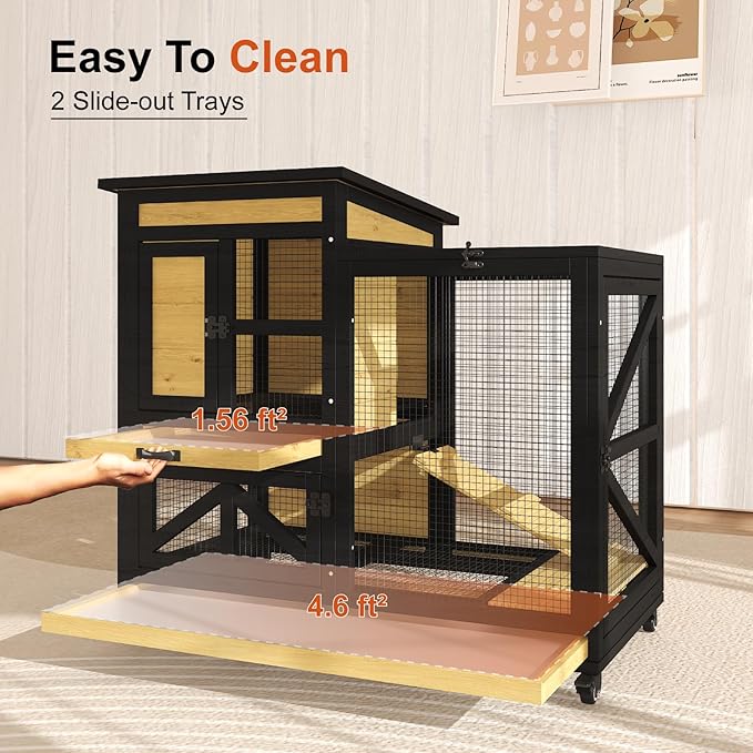 40'' Rabbit Cage Bunny Cage Indoor, Outdoor Rabbit Hutch for Small Animals, 2-Story Wooden Guinea Pig Cages with Wheels & 2 Deeper No Leak Trays, Waterproof Openable Roof & Bottom Wire Mesh