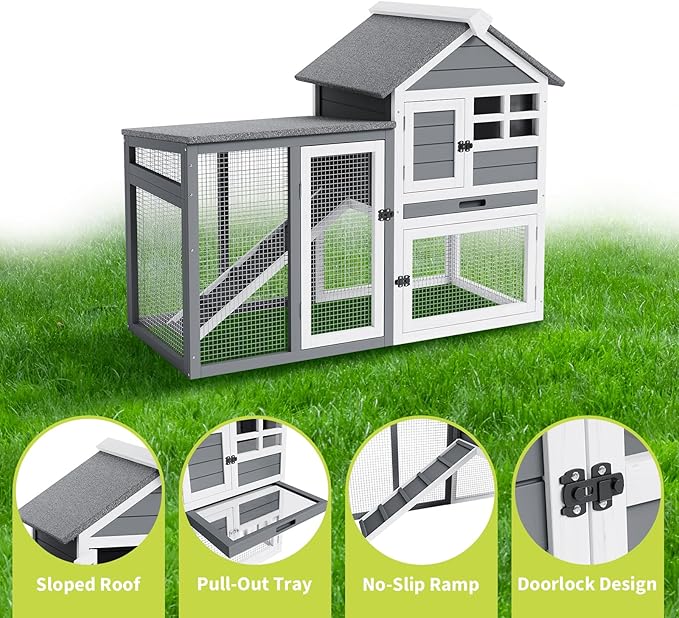 2-Tier Rabbit & Chicken House,Wooden Chicken Coop & Bunny Cage with Non-Slip Ramp, 4 Doors,Waterproof Roof & Pull-Out Tray,Outdoor/Indoor Pet Cage