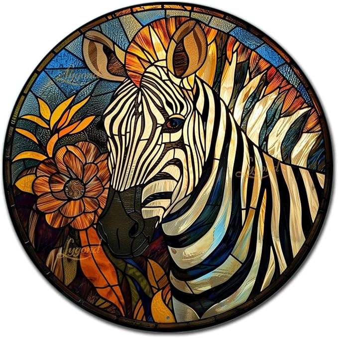 Lygond Metal Sign Tin Sign Circular Stained Glass Zebra Home Decor for Bar 12×12 Inches