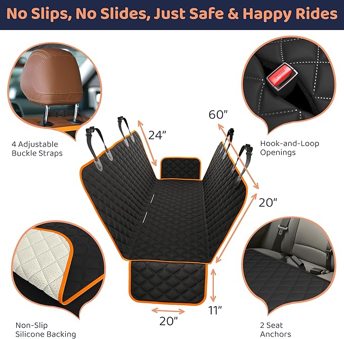 XL Dog Car Seat Cover for Back Seat, Waterproof Hammock for Car, SUV & Truck, Non-Slip Backseat Cover for Dogs, Heavy-Duty Dog Hammock Style Seat Protector Pets, Easy to Install & Clean