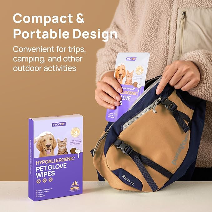 HICC PET Cleaning Deodorizing Glove Wipes for Dogs & Cats, Vet Recommended Hypoallergenic Pet Cleaning and Hydrating Glove Wipes, Nourish Fur Coconut Oil Pet Bathing Wipes for Horse Coat Care