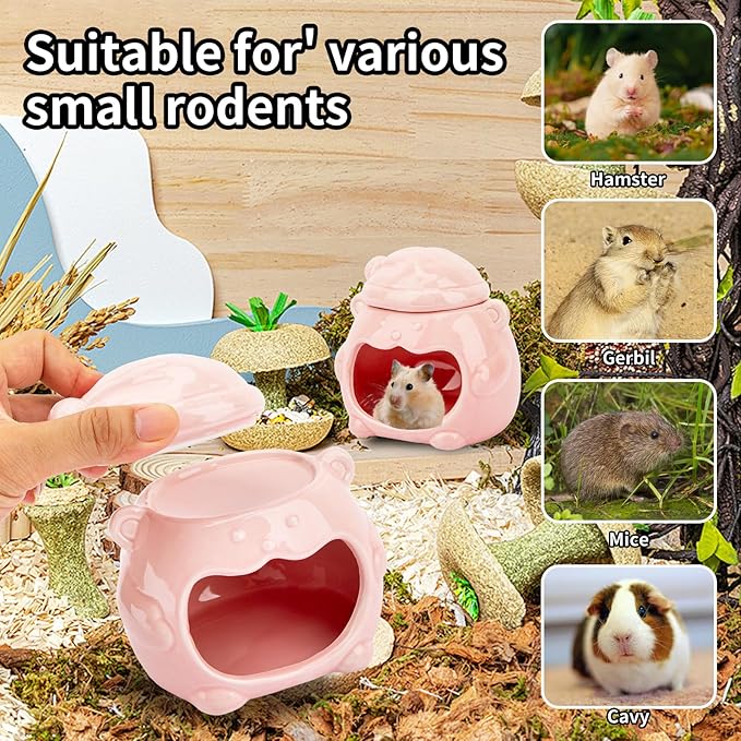 3-in-1 Bear Shaped Ceramic Hamster House - Cool House for Syrian Dwarf Hamsters, Mice, Gerbils， Small Pets, Top for Hamster Food, Removable Lid for Ice Packs, Cute Cool Hideout for Summer（Pink）