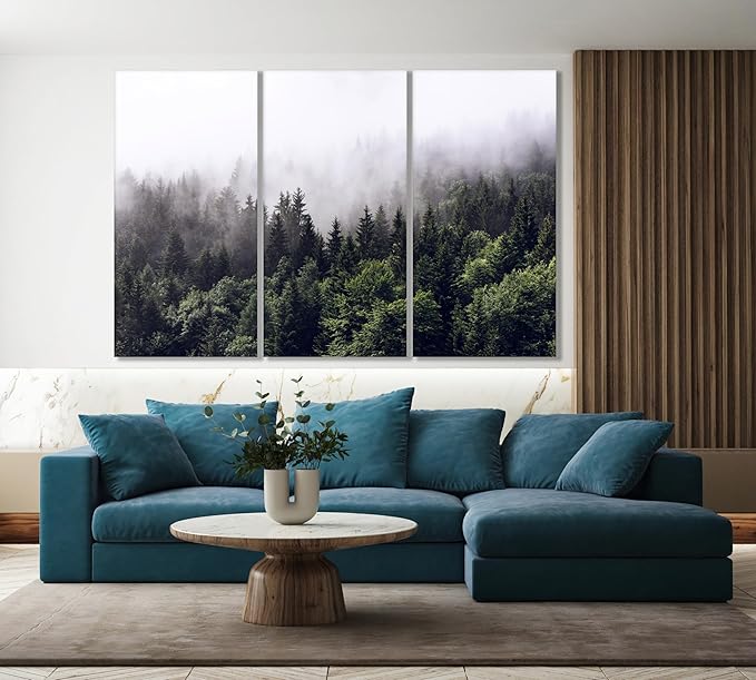 Nature Wall Art Prints - Ocean Forest Mountain Lake Canvas Landscapes - Small to Extra Large Living Room Bedroom Kitchen Bathroom Décor (Foggy Pine Forest, 35L" x 53W" - 3 Panels)