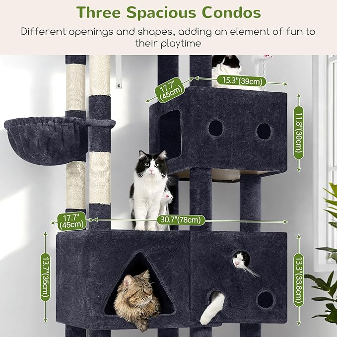 Globlazer Extra Large Cat Tower, 81-inch Tall Cat Tree for Big Cats 20 lbs, XXL Heavy Duty Cat Scratching Tower for Indoor Adult Cats with 3 Cat Condos, 8 Scratching Posts, F81, Dark Grey