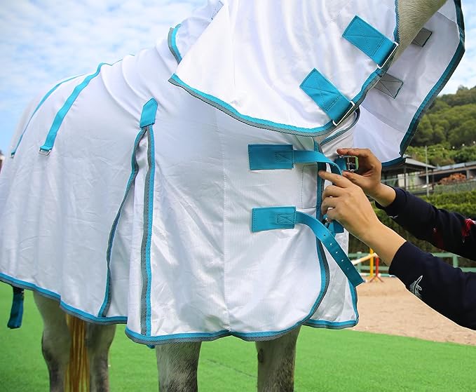 Horse Fly Sheet with Detachable Neck Cover & Belly Wrap, Adjustable Fly Sheet for Horses, Ventilated Airflow Mesh Equine Cooling Summer Flysheet White 75