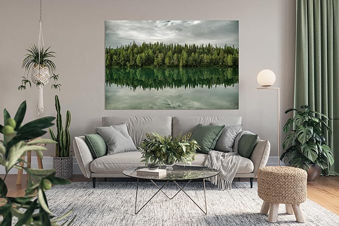 Nature Wall Art Prints - Ocean Forest Mountain Lake Canvas Landscapes - Small to Extra Large Living Room Bedroom Kitchen Bathroom Décor (Forest Reflection, 16L" x 24W")