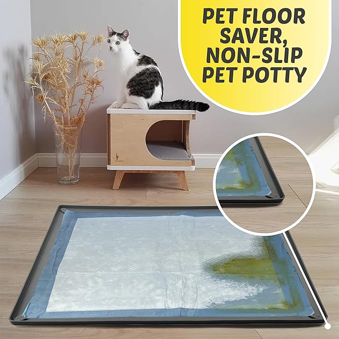 TidyFriend Dog Pee Pad Holder Tray Fits for 27.5” x 44” Pee Pads with Corner Lock Holes, Raised Edges, Non-Spill, Easy to Clean Silicone Dog Potty Tray Holder, For Indoor Floor Protection (Grey)