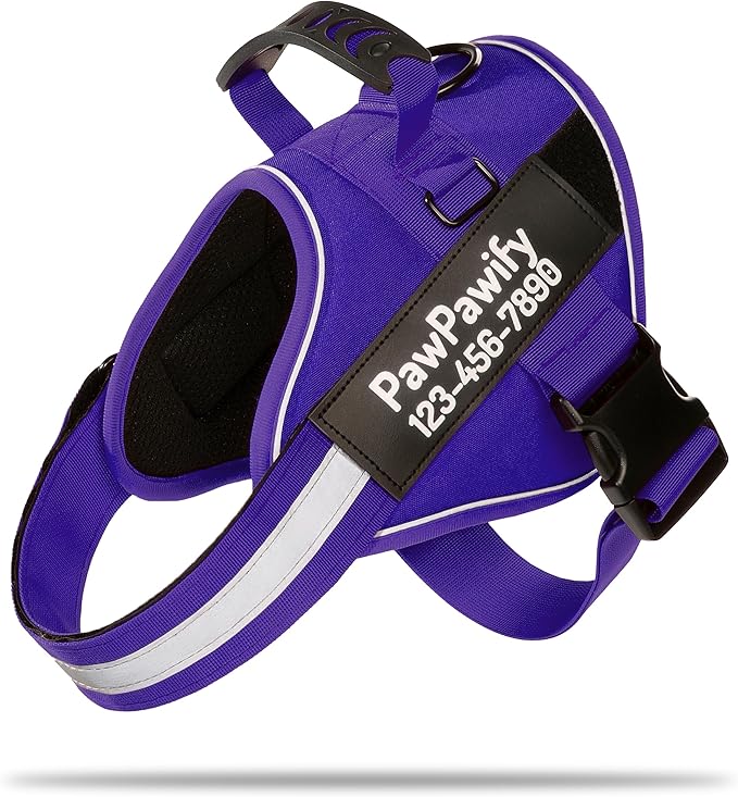 PawPawify Custom No Pull Dog Harness with Name and Phone Number, Heavy Duty Personalized Pet Vest to Prevent Tugging, Pulling, or Choking, Training and Walking (New Purple, XS (5-9LBS))