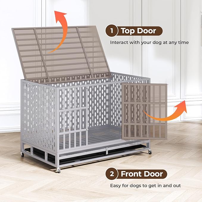 48 Inch Heavy Duty Indestructible Dog Crate Steel Escape Proof, Indoor Double Door High Anxiety Cage, Kennel with Wheels, Removable Tray,Silver,Extra Large XL XXL