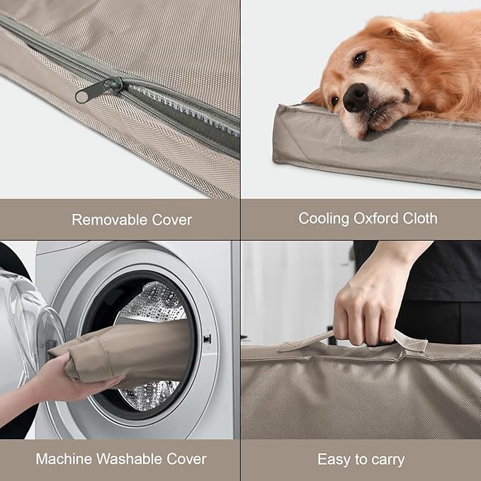 Dog Crate Bed Washable Dog Beds for Large Dogs, Big Waterproof Orthopedic Pet Bed with Egg Crate Foam Pet Bed Mat, Removable Oxford Cooling Cover, Khaki