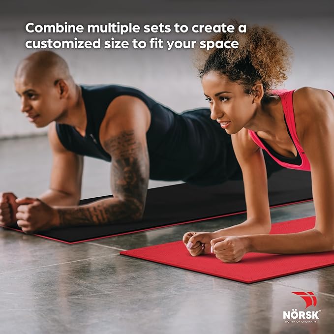 Norsk Reversible Gym Exercise Mats 3/4" Thick EVA Interlocking Foam Tiles, Perfect Gym Flooring for Home Gym, 4 Tiles & 8 Trim Pieces, 16 Sq. Ft. 24"x24", Red/Black