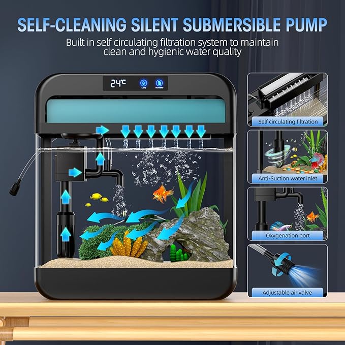 Fish Tank 2.2 Gallon Fish Bowl with Humidifier 7 Color Auto-Looping Light 3 in 1 Quiet Pump with Filteration & Oxygenation & Circulation, Temperature Display, HD Float Glass, Thickened Base