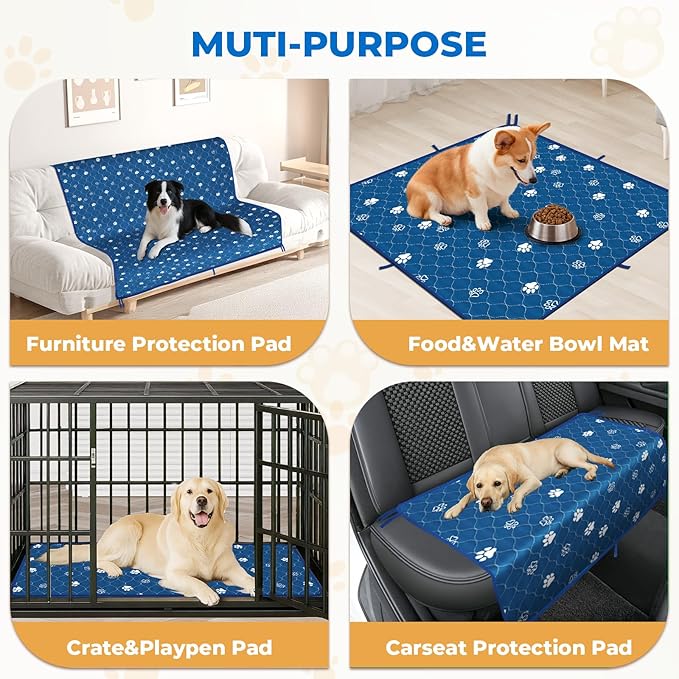 Fostanfly Washable Pee Pads for Dogs, 2 Pack Large 54"x54" Ultra-Absorbent and Leak-Proof Non-Slip Reusable Potty Training Pads for Dogs, Puppy & Cats of Add 8 Lanyards-Blue