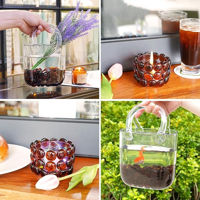 2LB Amber Flat Glass Marbles for Vases, Gemstone Beads Vase Filler Decorative Glass Pebbles for Fish Tank, DIY Crafts, Autumn Centerpieces, Aquarium Decor Rocks