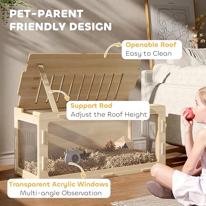 PawHut Hamster Cage with Easy View Acrylic Panels, Small Animal Cage with Air Vents & Openable Roof, Large Habitat for Dwarf, Gerbil, Guinea Pig, Rat, 39" x 20" x 18.5", Oak