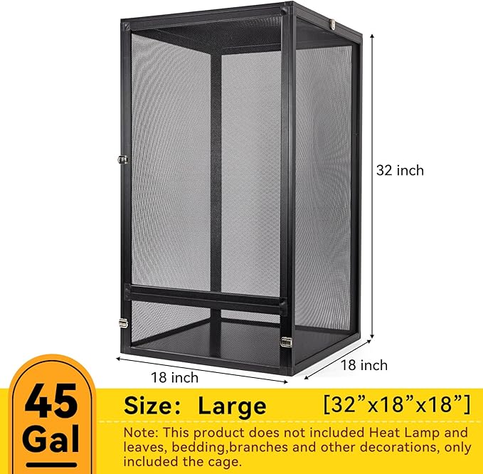45 Gallon 360° Panoramic Foldable Reptile Terrarium Kit: Crested Gecko Tank and Reptile Cage for Superior Ventilation, Easy Feeding, Sturdiness, and Simple Assembly (Black, 32"x18"x18")