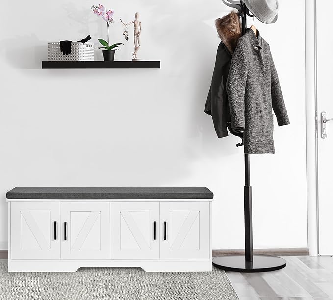 2-Tier Storage Bench, Shoe Bench with Padded Seat Cushion, Entryway Bench with 4 Barn Doors, Adjustable Shelf, 13.8" D x 47.2" W x 17.7" H, for Entryway, Living Room, Bedroom, White