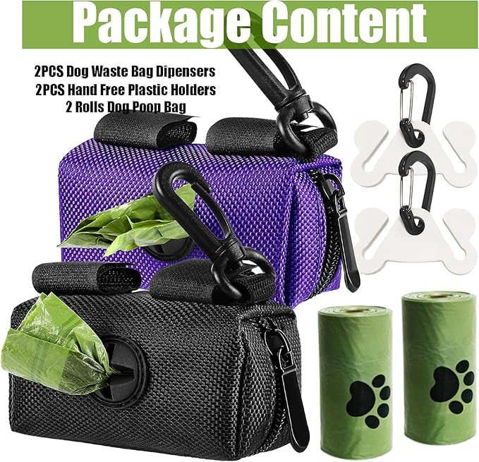 2Packs Dog Waste Bag Dispenser Pet Poop Bags Holder for Doggie Waste Bags Dispensers Soft Fabric Zipper Small Doggy Puppy Pouch for Leash Accessory Attachment with Carrier (Black & Purple)