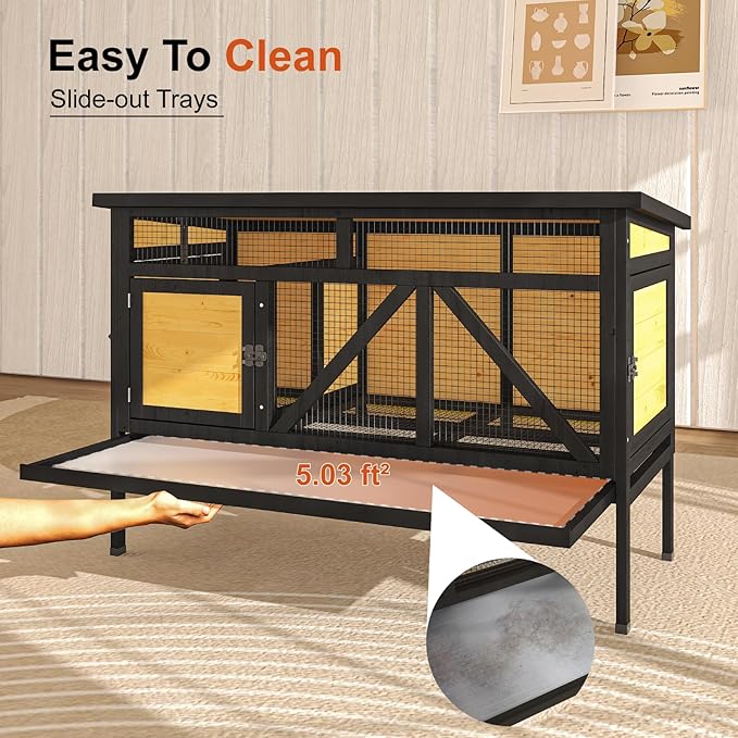 46.7" Rabbit Cage Elevated Bunny Cage Indoor, Outdoor Rabbit Hutch Hamster Cages for Small Animals, Wooden Guinea Pig Cages with Removable Tray & Waterproof Asphalt Roof & Bottom Wire Mesh