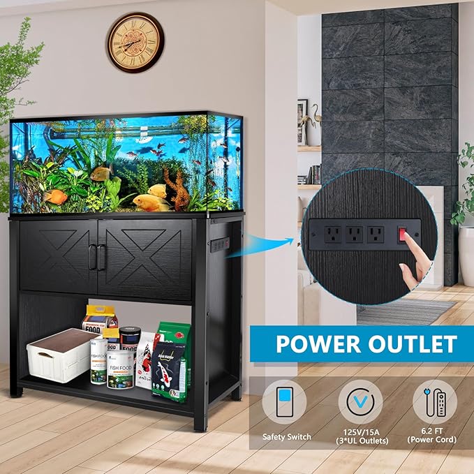 40 Gallon Tank Stand with Cabinet and Power Outlets, Heavy Duty Metal Aquarium Stand for 40-50 Gallon Breeder Tank, Turtle Tank, Double Terrarium Stand, 660LBS Capacity, Black